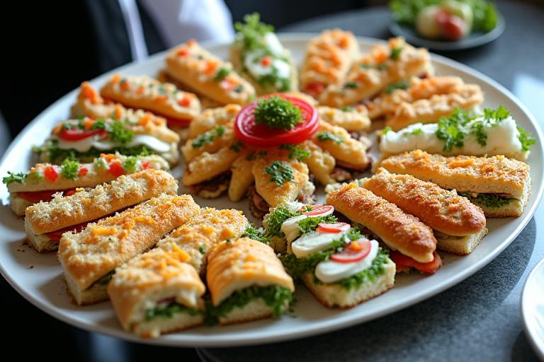 A beautiful platter of assorted sandwiches and pastries for a catering event.