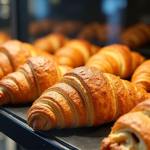 A display case filled with fresh, artisanal pastries and croissants.