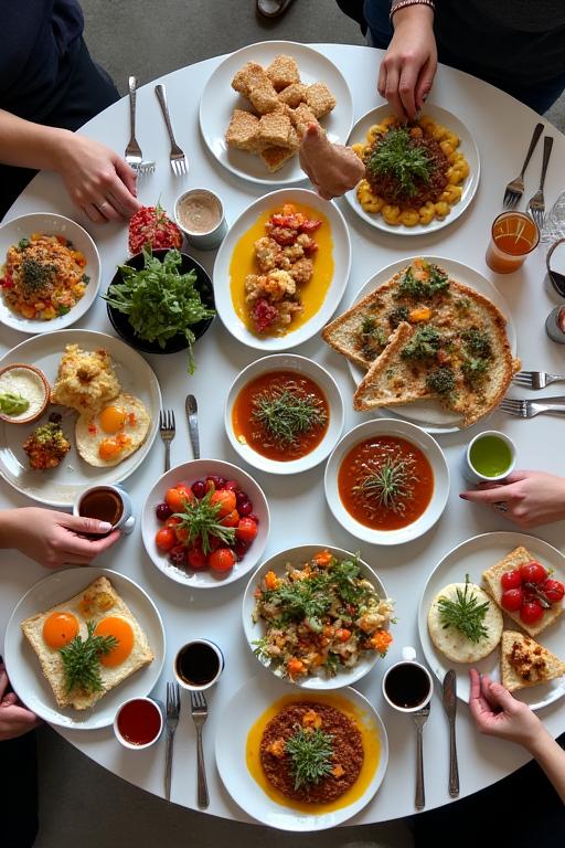 An overhead shot of a table with a spread of breakfast dishes and coffee.