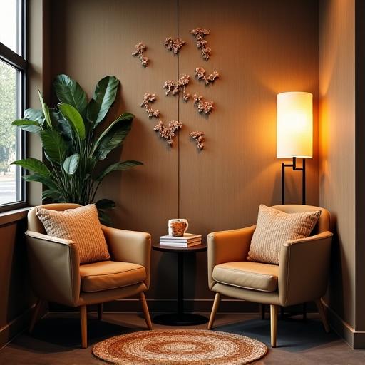 A cozy corner of the cafe with comfortable chairs and a small table.