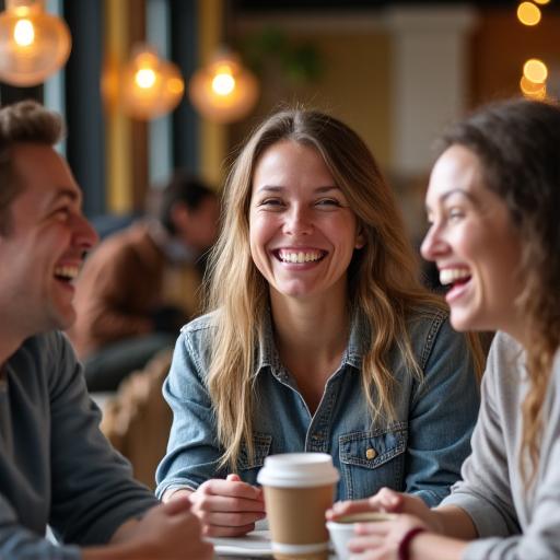 A group of happy customers laughing and enjoying coffee inside the cafe.
