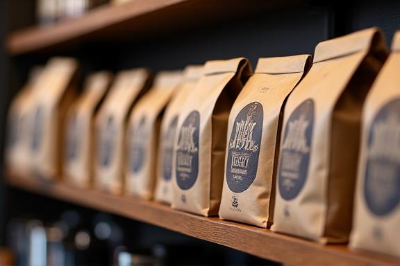 Branded bags of Wattle & Brew retail coffee beans on a shelf.